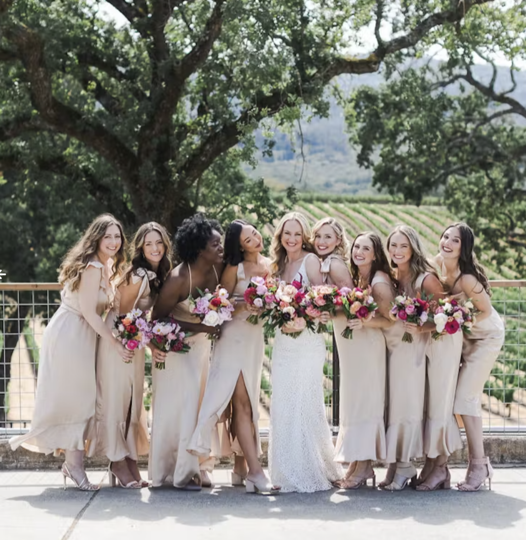 Bridal party portrait on the amphitheater deck overlooking the vineyards