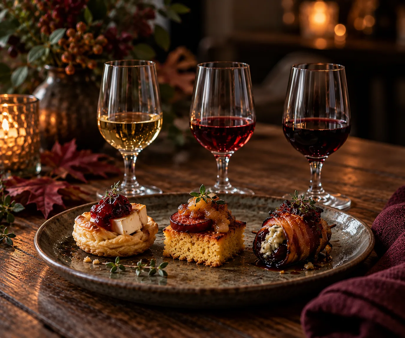 Three wines paired with Thanksgiving bites on a wooden table